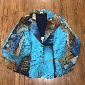 Simply Art by Dolcezza Jacket Womens Small Aqua Blue Brown Artsy To Wear Blazer
